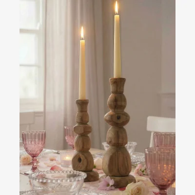 Dibor Carved Pine Wood Candlestick