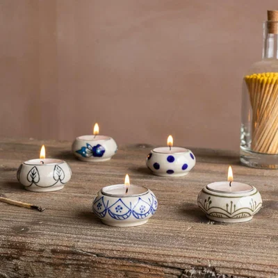 Graham & Green Graham and Green Blue Dotty Ceramic Tealight Holder