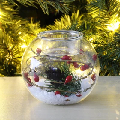 Homebase Red Berry Mistletoe Glass Candle Holder Christmas Tabletop Decoration - 10cm