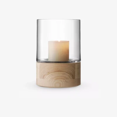 John Lewis LSA International Lotta Glass Lantern & Ash Wood Base Candle Holder, H22.5cm