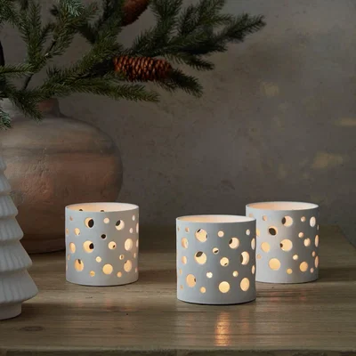 Layered Lounge Set of 3 White Ceramic Detailed Tealight Holder