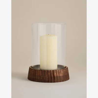 Marks & Spencer M&S Ridged Wooden Base Hurricane Candle Holder Natural