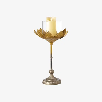 OKA OKA, Large Lotus Candle Holder - Gold, Candle Holders, Glass/Metal