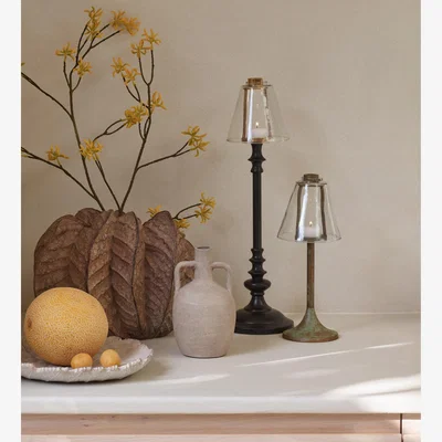 OKA OKA, Foundry Candle Holder with Glass Lampshade - Verdigris, Candle Holder
