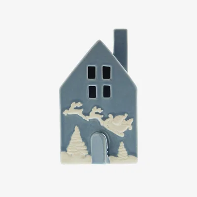 Downtown Festive Ceramic House Tealight Holder - 17cm In Blue