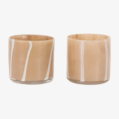 Perch and Parrow Lustre Stripe Tealight Holder in Beige and Cream, Set of 2