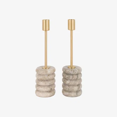 Perch and Parrow Pietra Gold Candle Stick in Beige Marble, Set of 2