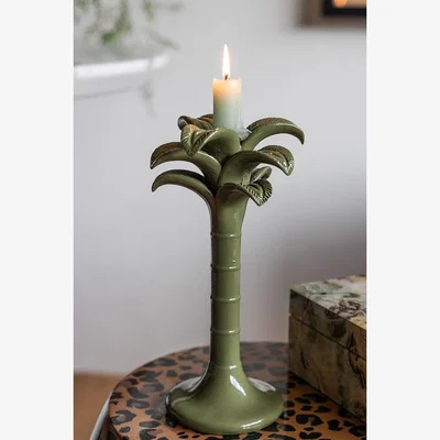Rockett St George Olive Green Palm Tree Candlestick Holder