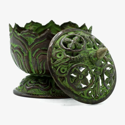 The Range Brass Verdigris Tibetan Incense Burner Small Lotus - Green
