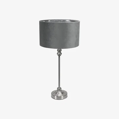 The Range Maggie Chrome Candlestick Table Lamp Grey Velvet and Chrome Inner Shade and Bulb - Grey