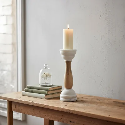 The Range Sena White Marble and Mango Wood Candle Holder - White, Natural