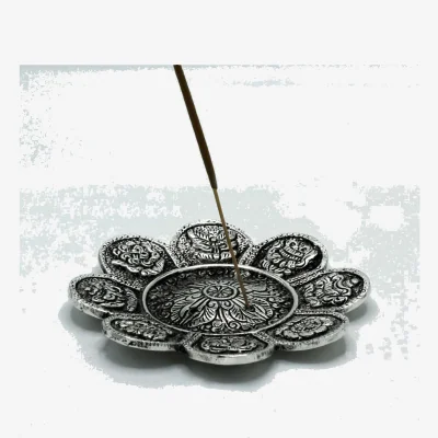 The Range Polished Aluminium Tibetan Symbols Incense Holder 12cm - Silver