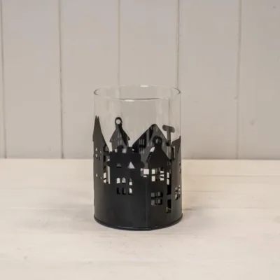 The Range Medium Black Metal House Scene Candle Holder with Glass Insert - Black