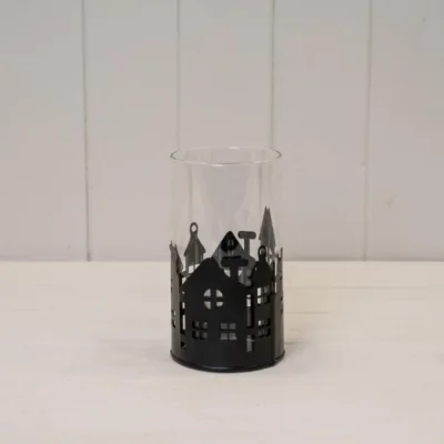 The Range Small Black Metal House Scene Candle Holder with Glass Insert - Black