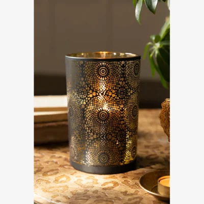 Rockett St George Black & Gold Lace Pattern Glass Lantern