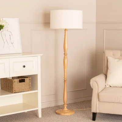 The Range Victoria Candlestick Wood Floor Lamp with Boucle Shade - Natural
