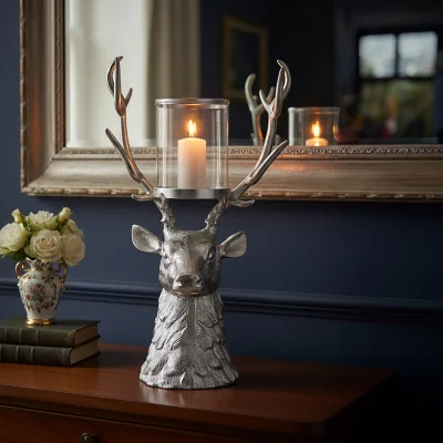 The Range Stag Glass Candle Holder - Silver