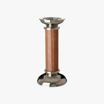 The Range Churchill Genuine Tan Leather Large Candle Holder - Silver, Brown