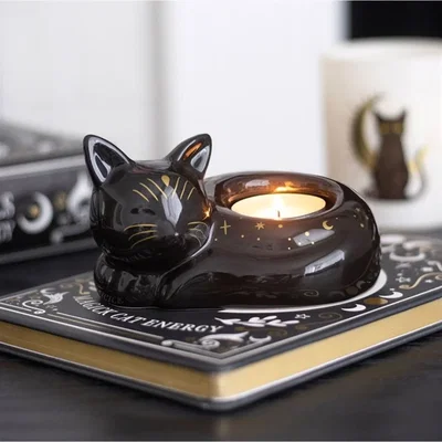 The Range Black Cat Magick Ceramic Tealight Holder Curled Familiar - Black