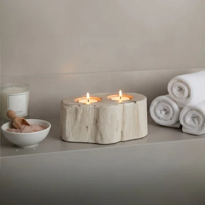 The Range Relic Petrified Wood Double Candle Holder - White