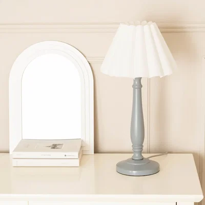 The Range Victoria Grey Wood Candlestick Stem Table Lamp with White Scallop Tapered Shade - Without Bulb