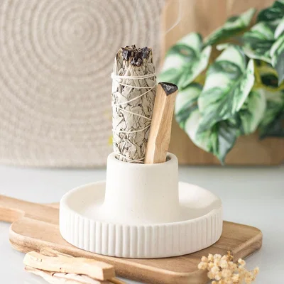 The Range Ribbed Incense, Sage Smudge Bowl - Cream