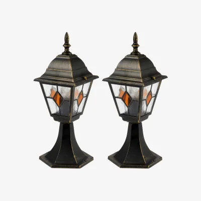 The Range Set Of 2 Black Brushed Gold Outdoor Lantern Pedestal Post Light - Black Gold & Amber