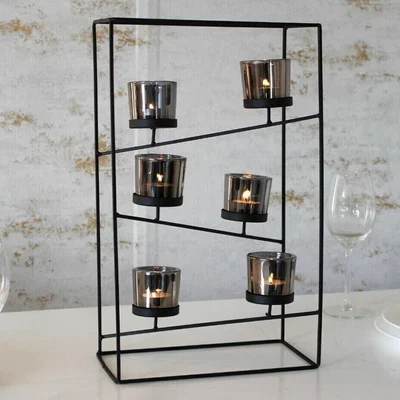 The Range Glass Tealight Candle Holder with Metal Frame  - Black