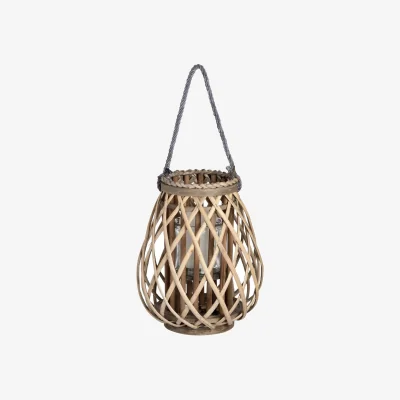 The Range Small Coastal Wicker Lantern with Glass Candle Holder and Rope Handle - Brown