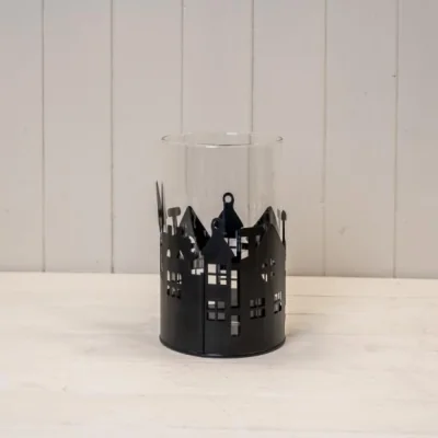 The Range Large Black Metal House Scene Candle Holder with Glass Insert - Black