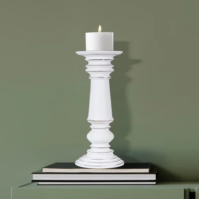 The Range Rustic Antique Carved Wooden Pillar Church Candle Holder - Light White / 13cm