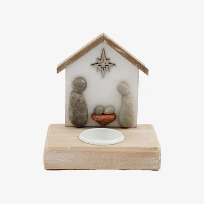 The Range Rustic Pebble Nativity Tealight Candle Holder - White