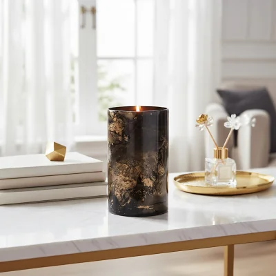The Range Gaia Black And Gold Marble Effect Large Candle Holder - Black