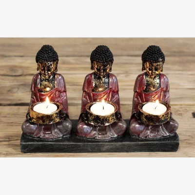 The Range Antique Buddha Three Devotees Candle Holder - Red
