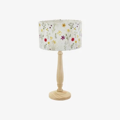 The Range Victoria Light Wood Candlestick Table Lamp with Floral Embroidered Drum Shade - Natural / Bulb Included
