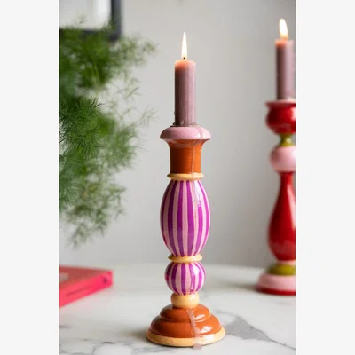 Rockett St George Colourful Candlestick Holder in Pink Stripes