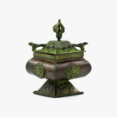 The Range Brass Verdigris Tibetan Burner Four Symbols Square Standing Pot - Green