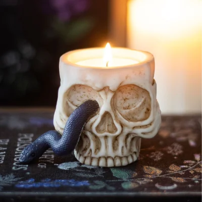 The Range Skull Tealight Holder with Snake - White