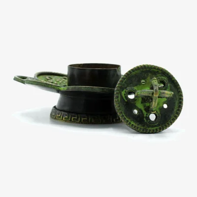 The Range Brass Verdigris Tibetan Cone  Incense Holder Eight Symbols - Green