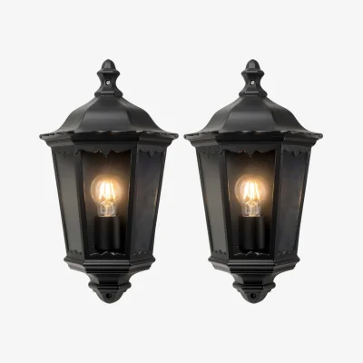 The Range Set Of 2 Sienna Outdoor Half Lantern Wall Lights - Matt Black And Clear Glass