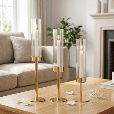 The Range Candle Holder Gold Metal Glass Tube Candlestick Holders Set of 3 Decor - Yellow