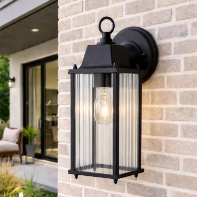 The Range CGC Santiago Black Coach Lantern Wall Light with Ribbed Glass - Black