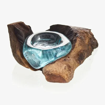 The Range Molten Glass on Wood Candle Holder - Brown