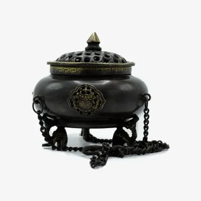 The Range Large Brass Tibetan Burner Four Symbol Hanging Pot - Grey
