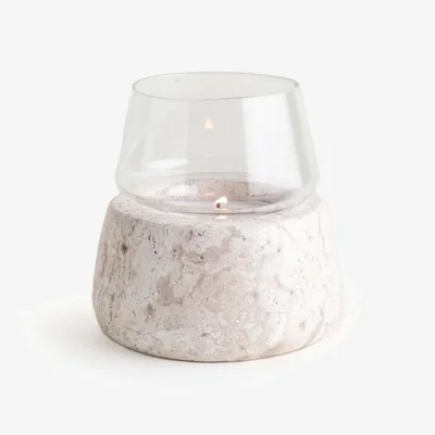 Wolf & Badger Neutrals Vaina Medium Candle Holder Glass  - Travertine Marble | And Jacob