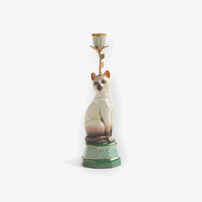 Wolf & Badger Green / White / Gold Porcelain And Brass Siamese Cat Candle Holder | One Size | Fable and Mirth