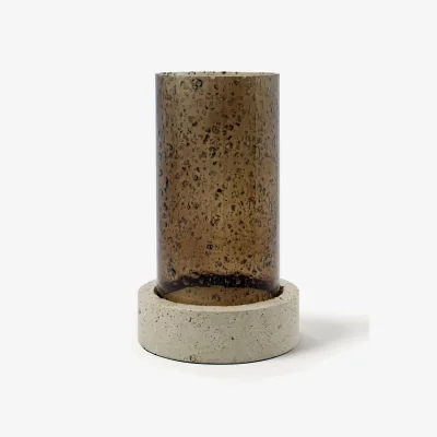 Westwing Mouth-Blown Glass Candle Holder Rivo with Travertine Base
