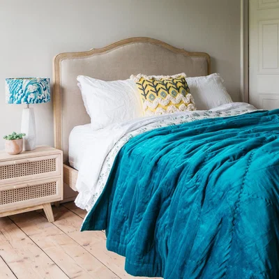 Graham & Green Peacock Blue Velvet Super King Size Quilt with Printed Reverse