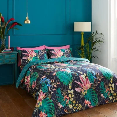 Downtown Hyperion Aloria Botanical Duvet Cover Set - Navy Blue - Super King, Cotton, Geometric