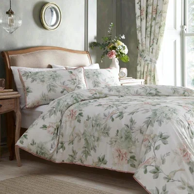 Downtown Appletree Campion Green/Coral Duvet Cover Set - Double, Cotton, Floral - ["Multi","Green"], ["Double","King","Super King"]